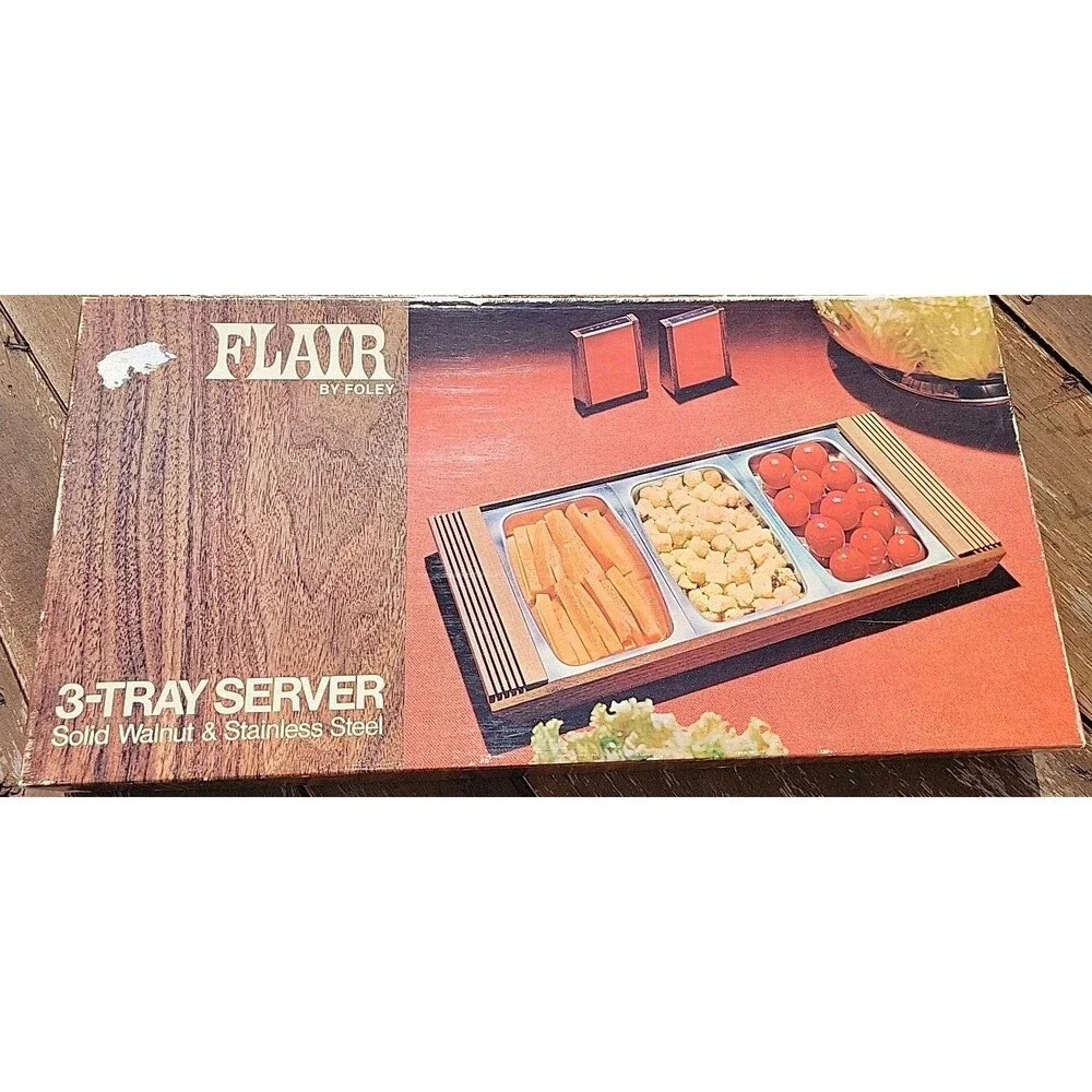 Vintage Flair by Foley Triple Server Solid Walnut & Stainless Steel MCM Picnic